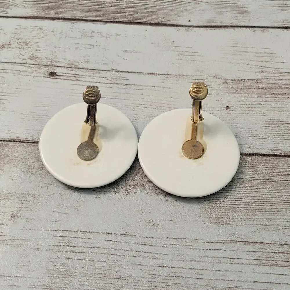 Vintage Clip On Earrings Large Cream & Blue Statement Circle
